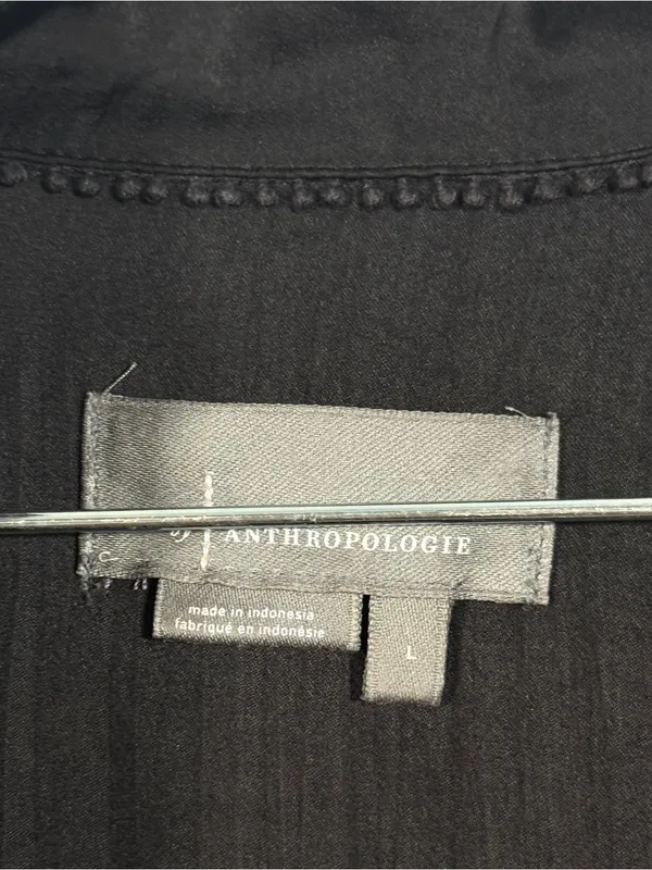 Anthropologie Black V-Neck Gathered Long-Sleeve Relaxed Henley Blouse L - Image 5