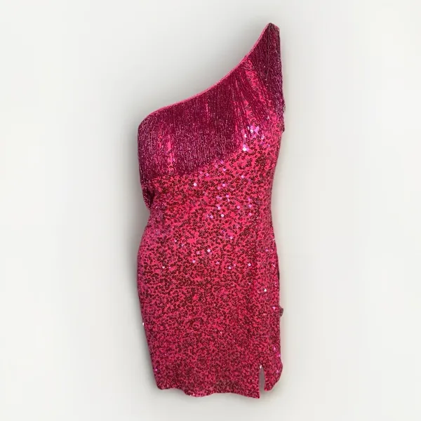 Rachel ALLAN 40150 Hot Pink Sequin One Shoulder Fringe Dress Size 12 NWT - Image 2