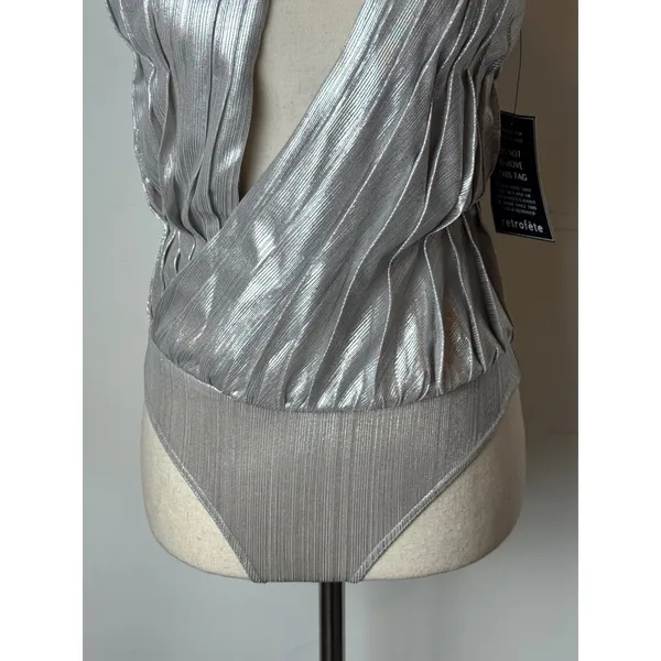 Retrofête Cassie Bodysuit Women XS Silver Metallic One Shoulder NWT‎ Party Club - Image 10