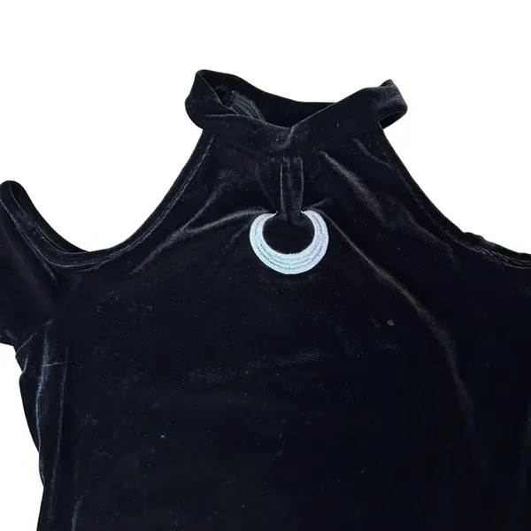 Romwe Black Velvet Crescent Moon Bell Sleeve Crop Top Goth Witchy Boho Medium - Image 3