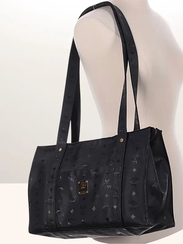 MCM Vintage Visetos Monogram Black Nylon Tote Bag gold-tone hardware - Image 4