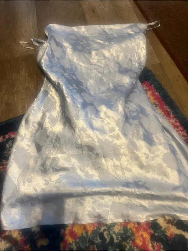 Lulus Close to Your Heart Dusty Blue Satin Jacquard Cowi Slip Dress Size L - Image 10