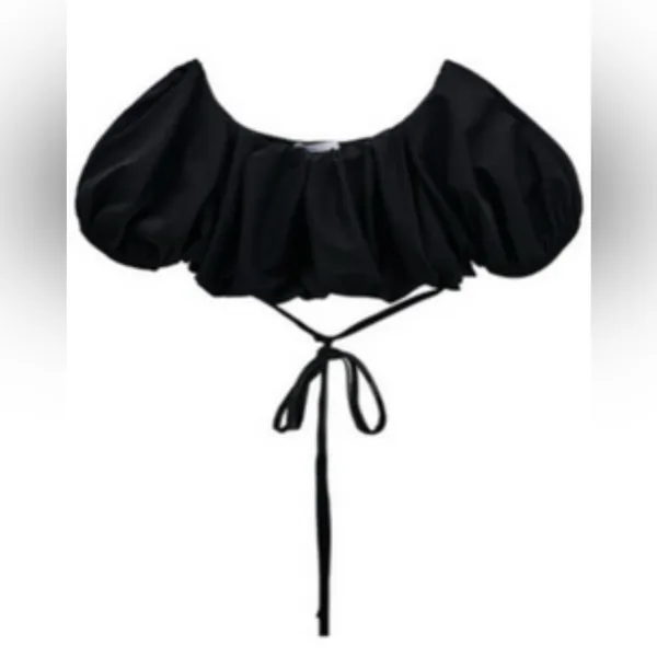 ZARA Off-the-Shoulder Puff Sleeve Criss‎ Cross Self Tie Crop Top in Black Medium - Image 3