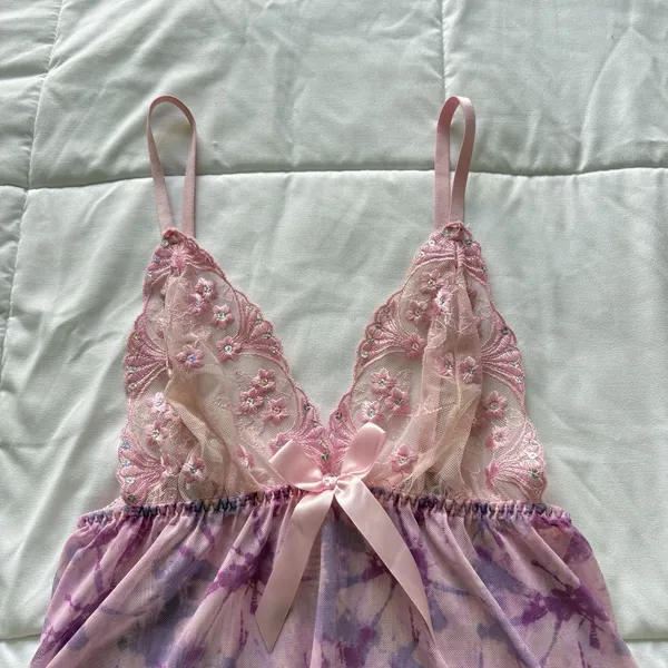 Womens Medium Pink Floral Sexy Sequined Babydoll Chemise Slip Coquette‎ Feminine - Image 2