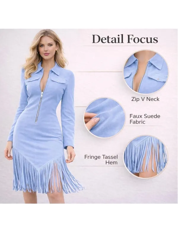 NEW Vegan Suede Fringe Dress Long Sleeve Zip Western Cowgirl Tassel Dress XL - Image 3