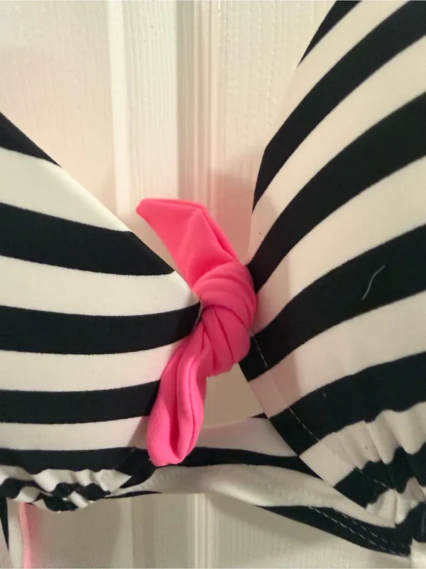 BONGO Black & White Striped Bikini Top with Hot Pink Trim - Image 2