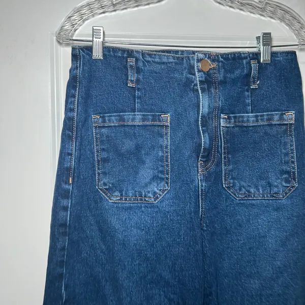 Zara Womens High Waisted Wide Leg Patch Pocket Jeans Blue Denim Size 8 cropped - Image 3