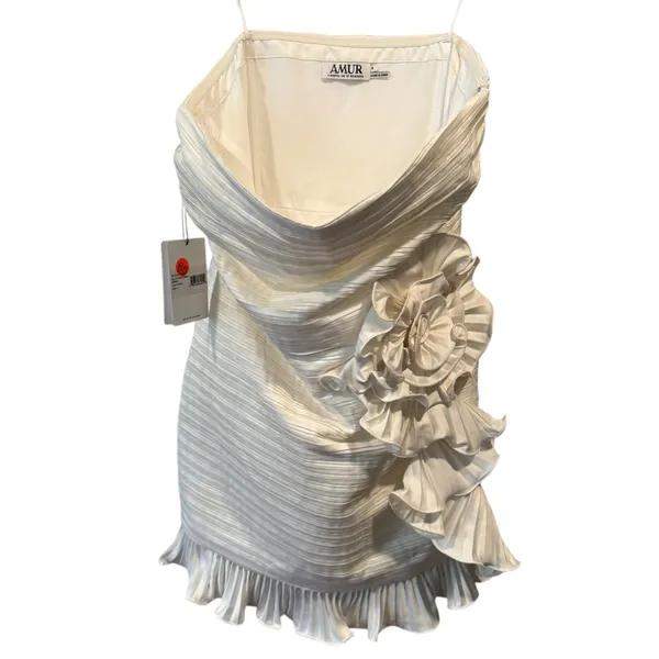 AMUR Isla Strapless Rosette Ruffle-Trim‎ Mini Dress 8 Ivory White - Image 4