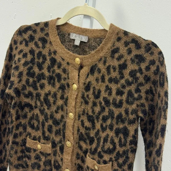 J. Crew Leopard Print Alpaca Wool Blend Cardigan Sweater Top CE695 Brown XS - Image 4