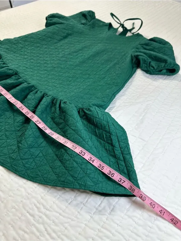 Anthropologie Maeve Green Drop Waist Jacquard Quilted Puff Sleeve Mini Dress Oversize Size M - Image 10