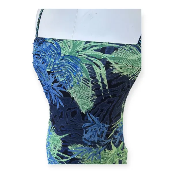 Vintage 90s Y2K Eva Blue Beaded Tropical Print Slip Dress S Fairycore Coquette - Image 3