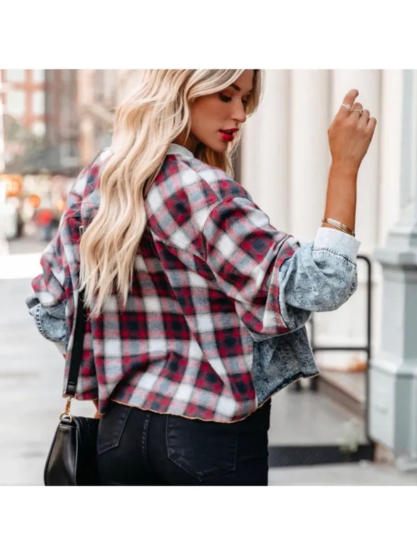Prómesa plaid denim patchwork quarter zip collared pullover top S - Image 4