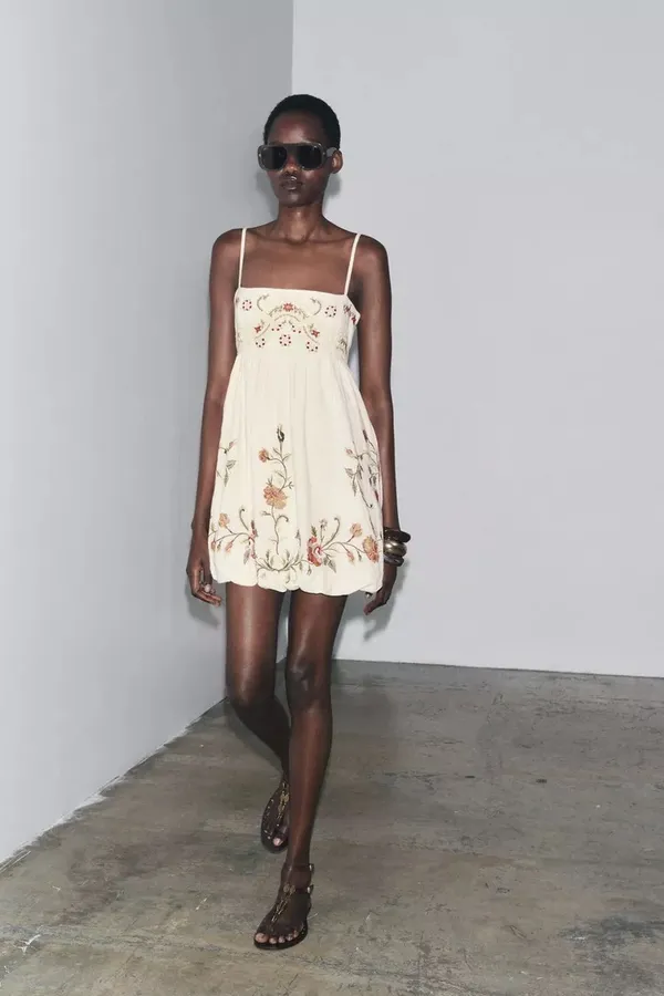 Zara Cream Floral Embroidered Spaghetti-Strap Mini Bohemian Dress - Image 10