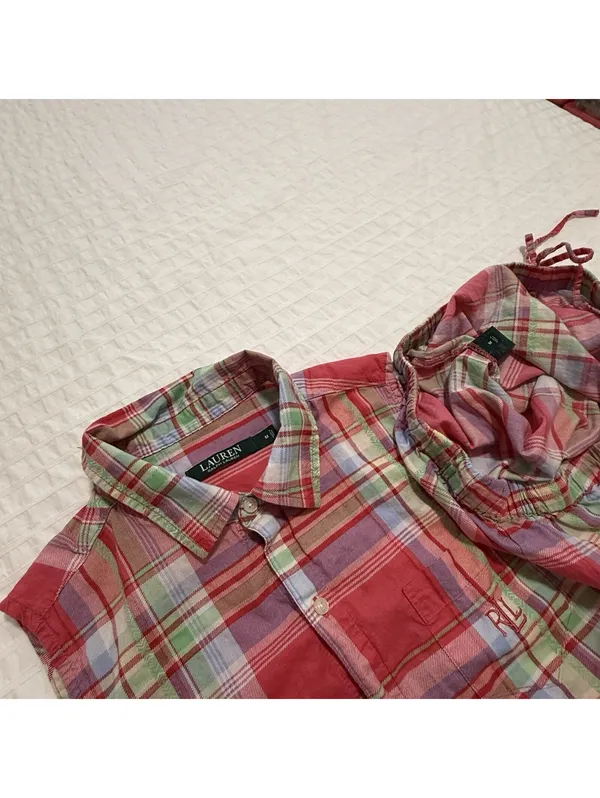Lauren Ralph Lauren Plaid Multi Color Pajama Button Up Shirt & Shorts Set Medium - Image 12