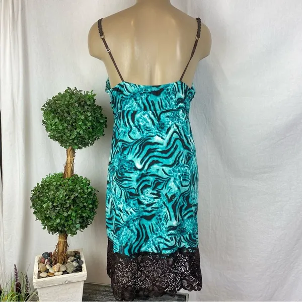 Josie Natori Blue & Brown Print Sleeveless Slip Sleep Dress L - Image 4