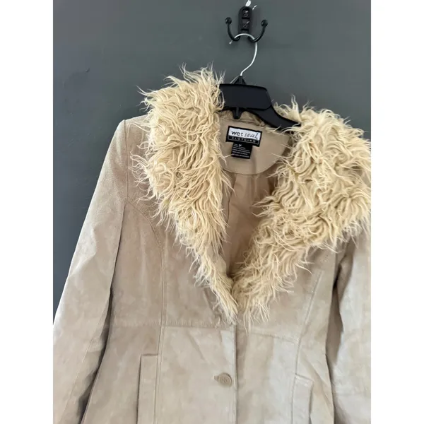 Wet Seal Vintage Y2k Tan‎ Leather Suede Jacket Shaggy Faux Fur Collar Penny Lane - Image 3