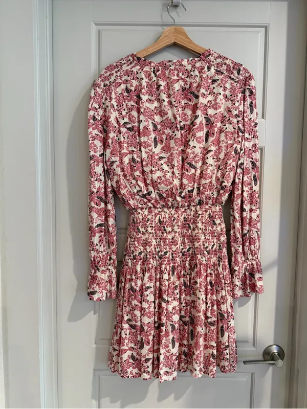 Tie-Neck Smocked Waist Mini Dress Pink Floral Size Medium‎ - Image 4