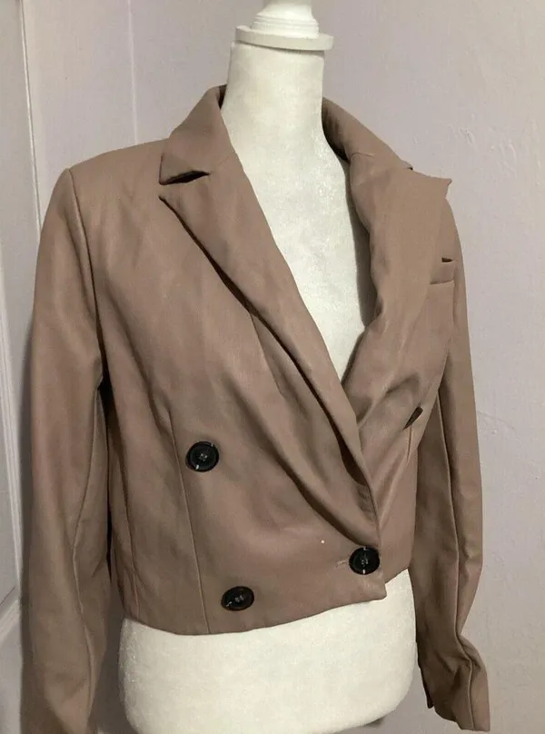 Maeve Tan Cropped Faux Leather Vegan Button Front Blazer Size 2 - Image 3