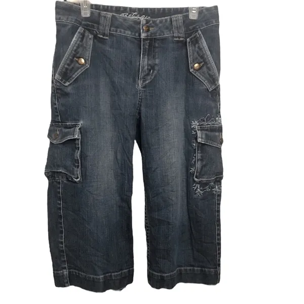 Bob Timberlake Denim Embroidered Wide Leg Cargo Denim Capri Blue Jeans Womens 10 - Image 8