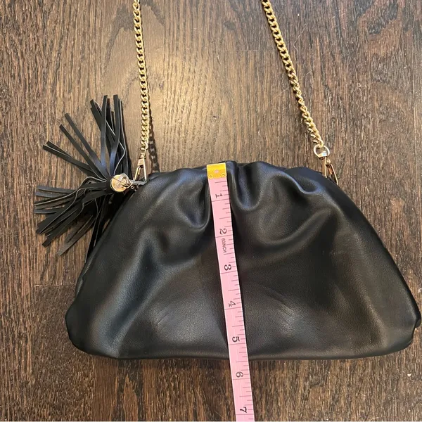 Understated Faux Leather Black Ruched Frame Clutch Pouch Handbag with Gold Chain - Image 4