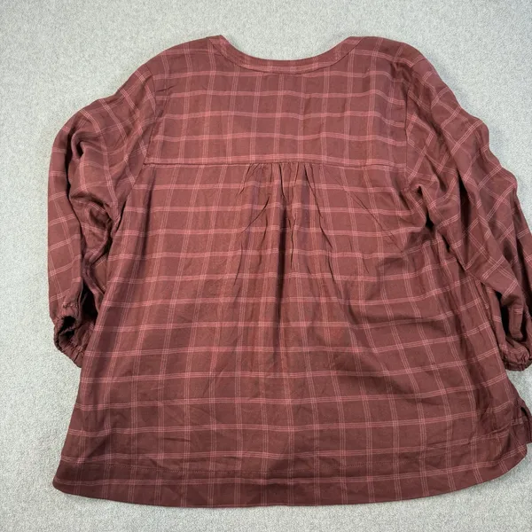 Wrangler Women's XL Burgundy Plaid Pleated V-Neck 3/4 Sleeve Peasant Blouse Top - Image 10
