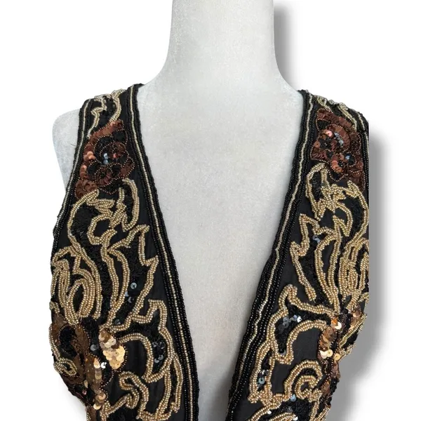 Vintage 90s‎ Black Tie Silk Beaded Metallic Sequin Open Front Vest Gold Bronze - Image 3