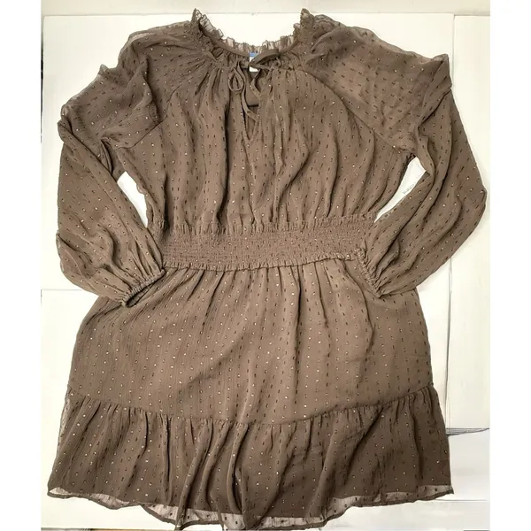 Old Navy Brown Metallic Dot Mini Dress XL Smocked Waist Chiffon Fit Flare 812952 - Image 12