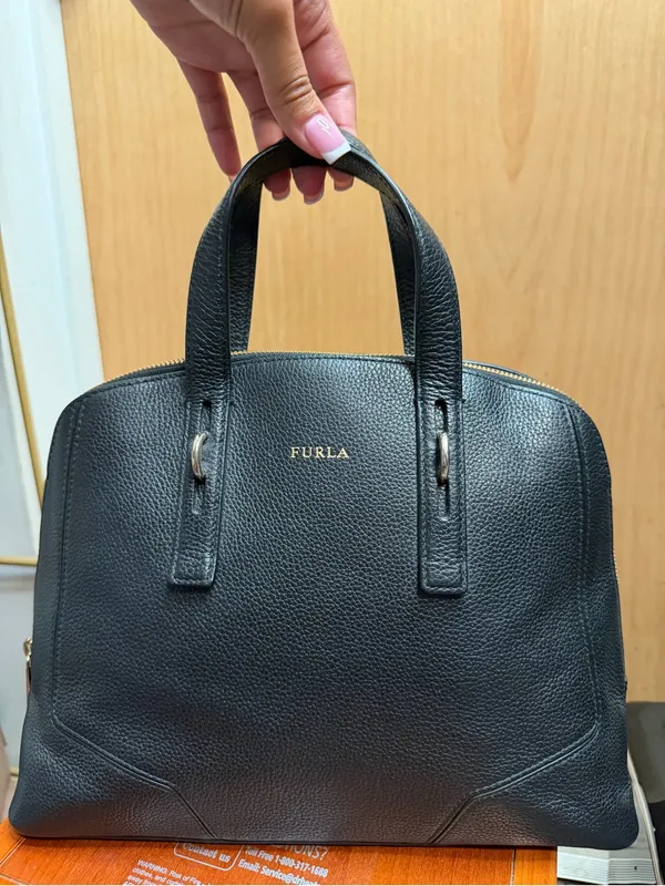 Furla Black Genuine Leather Satchel Handbag with Removable Crossbody Strap - Image 2