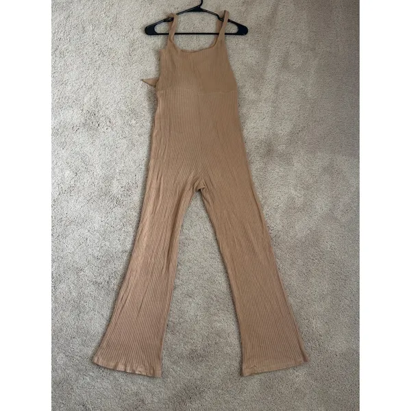 Reformation Jumpsuit Women XS‎ Tan Ribbed Tie Waist Wide Leg Sleeveless Lyocell - Image 3