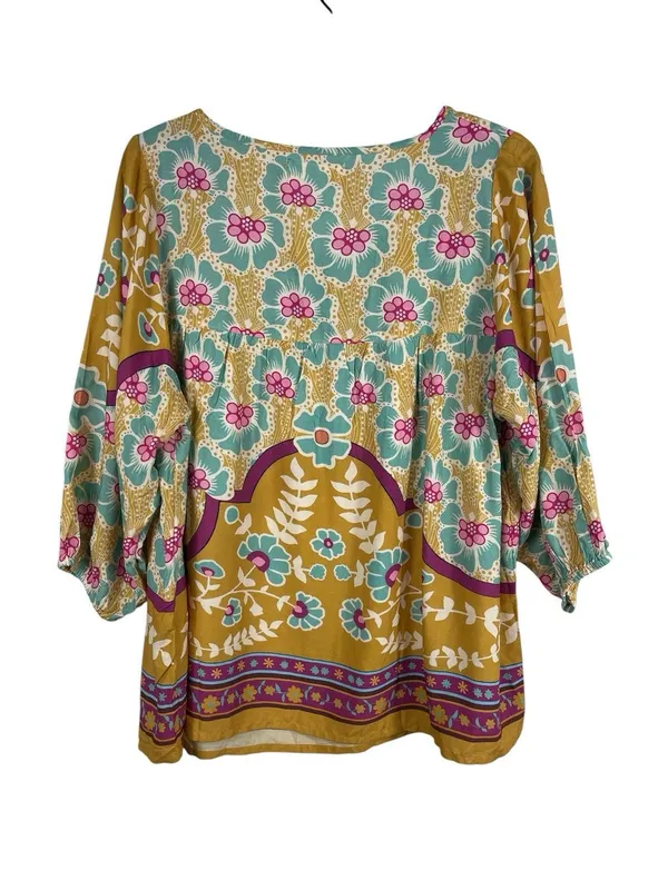 Natural Life Boho Floral Tassel Peasant Top M Mustard Teal Pink 3/4 Sleeve - Image 3