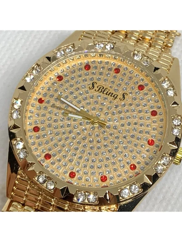 Bling men’s watch iced dial 37mm gold tone quartz red indices up to 8” running - Image 3