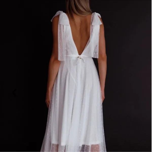 NWT One and Only Collective Tie Shoulder Mesh Tulle Dress Deep V Midi White Gown - Image 2