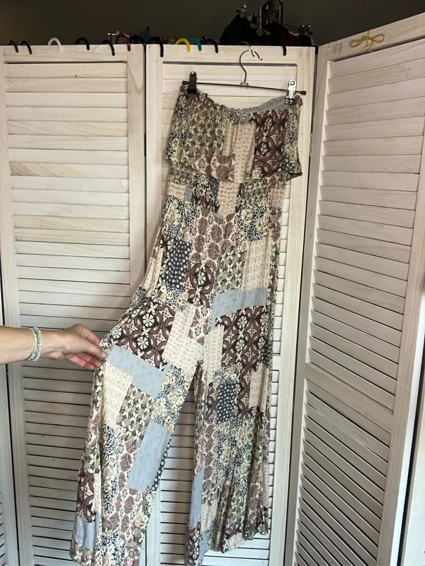 ILLA ILLA Patchwork Boho Off-Shoulder Wide Leg Jumpsuit Size Small - Image 3