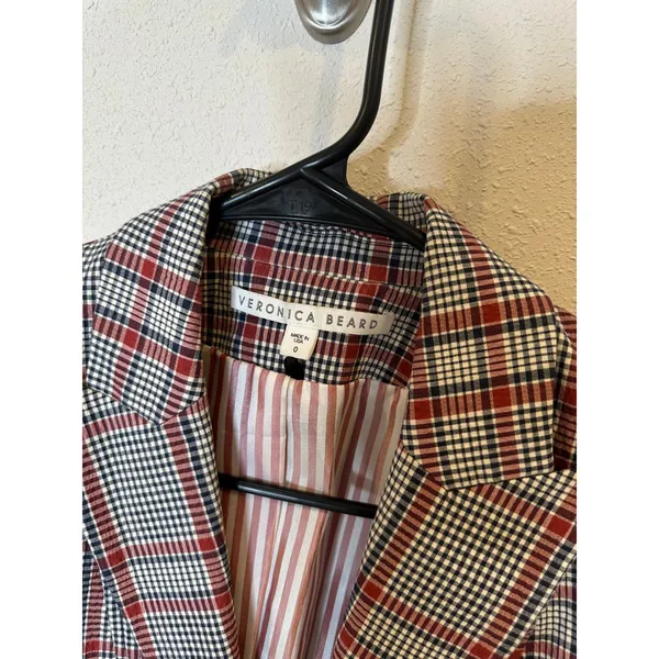 Veronica Beard Red Plaid‎ Double Breasted Blazer Jacket Size 0 Ruched Sleeve USA - Image 2