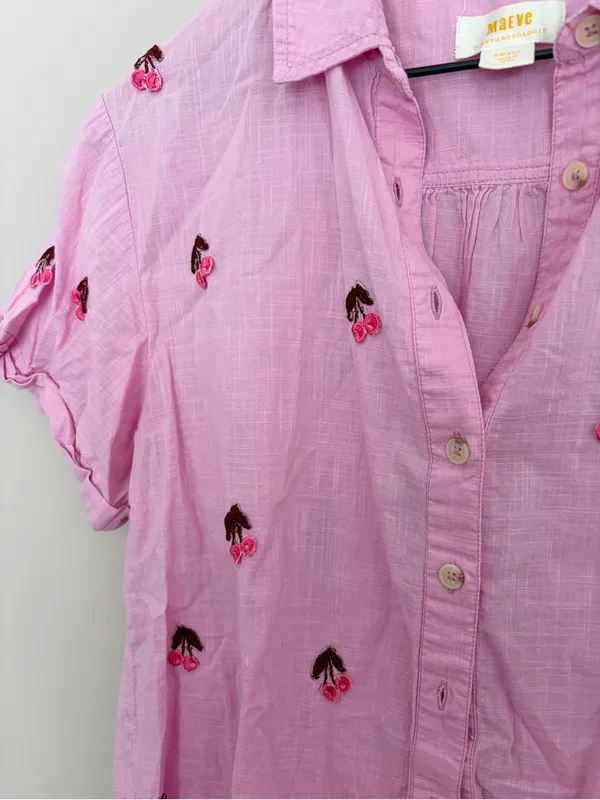 Maeve Anthropologie Fruit Short Sleeve Button Down Cherry Pink - Image 5