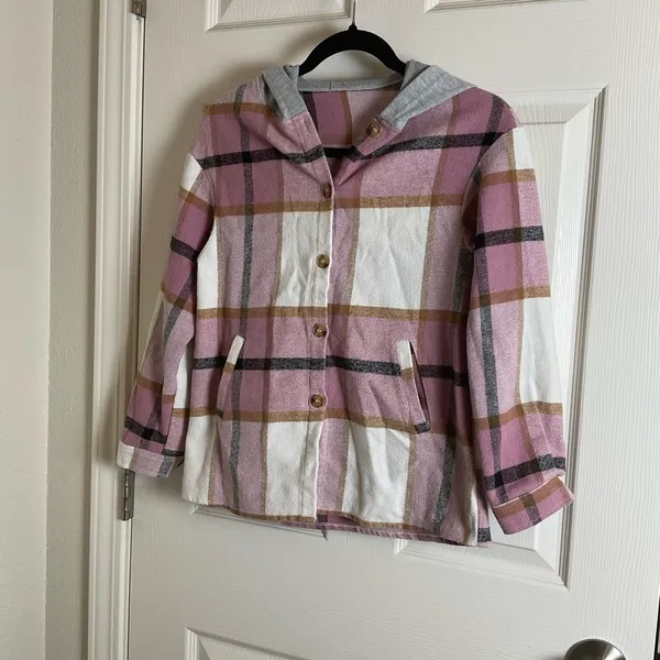 Pink Plaid Hooded Button - Image 2
