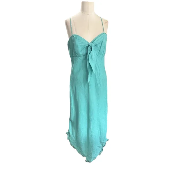 Le Muse Women's 100% Linen Bow Front Asymmetrical Midi Dress Teal Blue Sz 6 - Image 2
