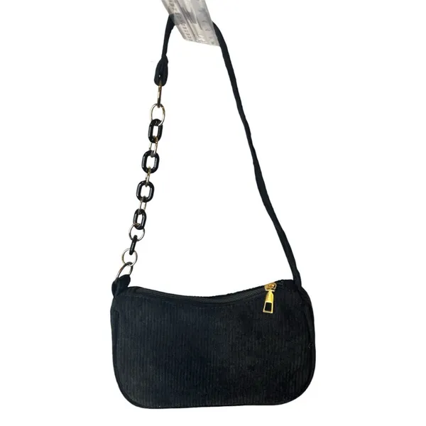 SHEIN Black Corduroy Small Shoulder Bag with Plastic Chain Accent - Image 2