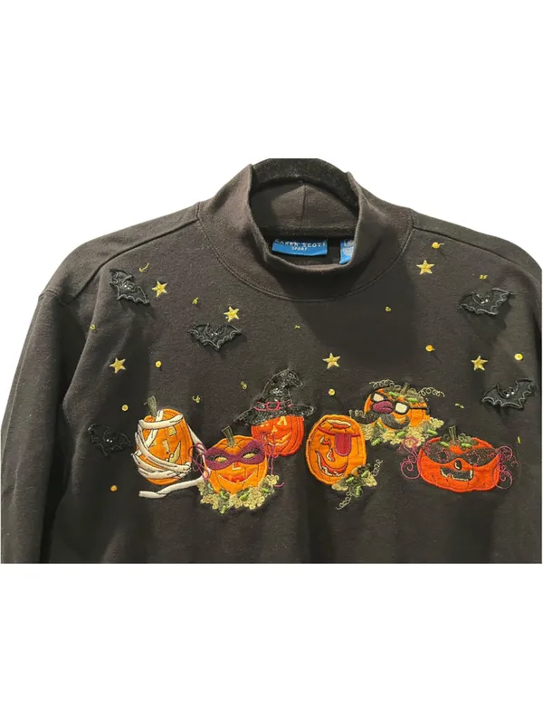 Vintage 90s Karen Scott Halloween Embroidered Mock Neck Shirt Pumpkin Large L - Image 5