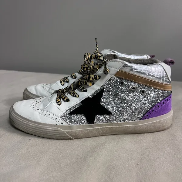 ⭐ Shu Shop Glitter Star High Top Sneakers 🐆💜 Leopard Laces • Purple Suede Size 9 - Image 2