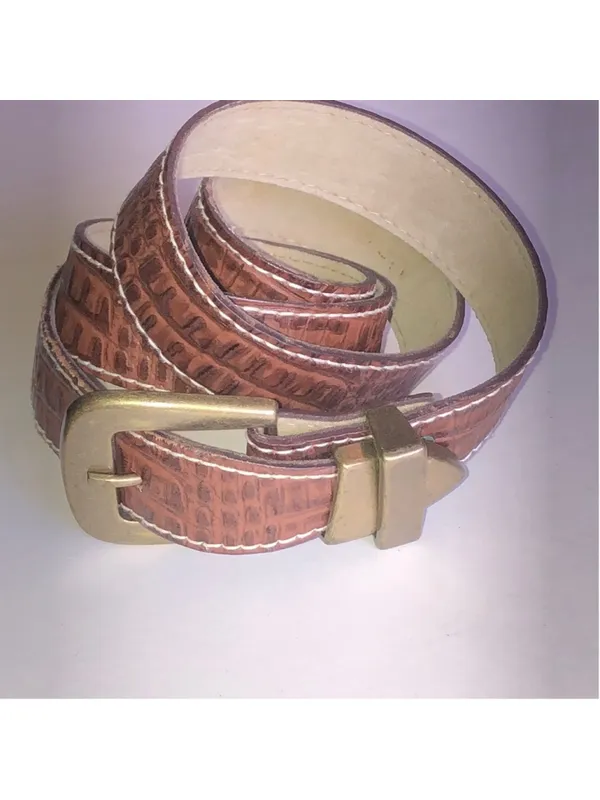 Brown Croc-Embossed Faux Leather Belt with Brass Buckle - Image 5