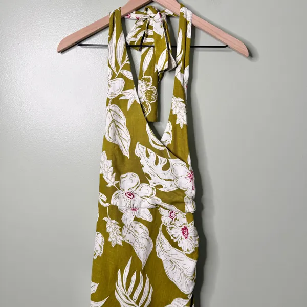 NEW Zara Linen Floral Tropical Halter Neck Maxi Dress Green Khaki White Pink XS - Image 8