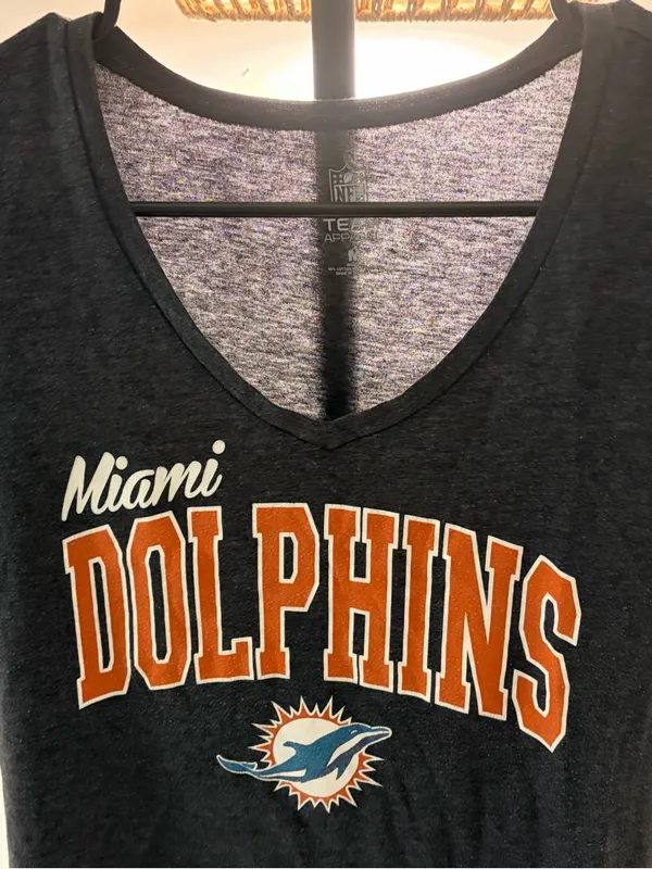 NFL Women's Black V-Neck Miami Dolphins Tee with Orange Lettering - Image 2