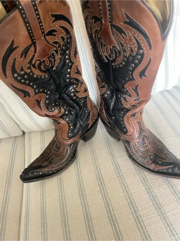 Corral Women's G1072 Black Cognac Studded Leather Tall Western Boots 7.5 M - Image 6