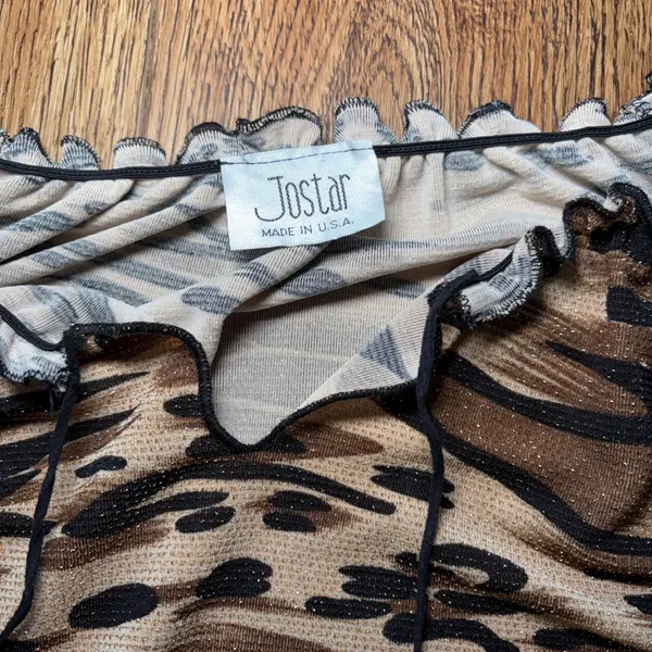 Y2K Jostar Brown Gold Animal Print Glitter V-Neck Bell‎ Sleeve Top USA Made M/L - Image 6