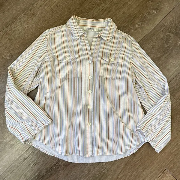Selene Sport Vintage Linen Rayon Striped Roll Tab Sleeve Button Up Shirt ~ Sz L - Image 9