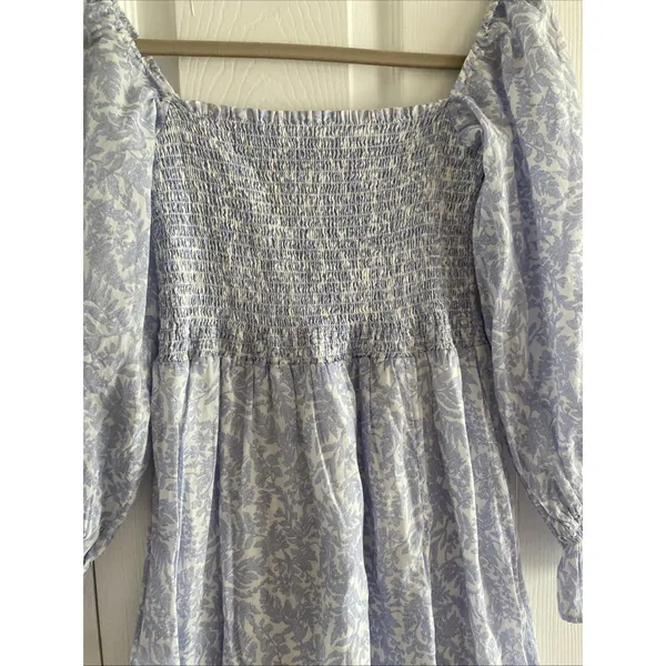 o.p.t. Floral Smocked Midi Dress‎ Womens Size S Blue White Puff Sleeve Toile - Image 4