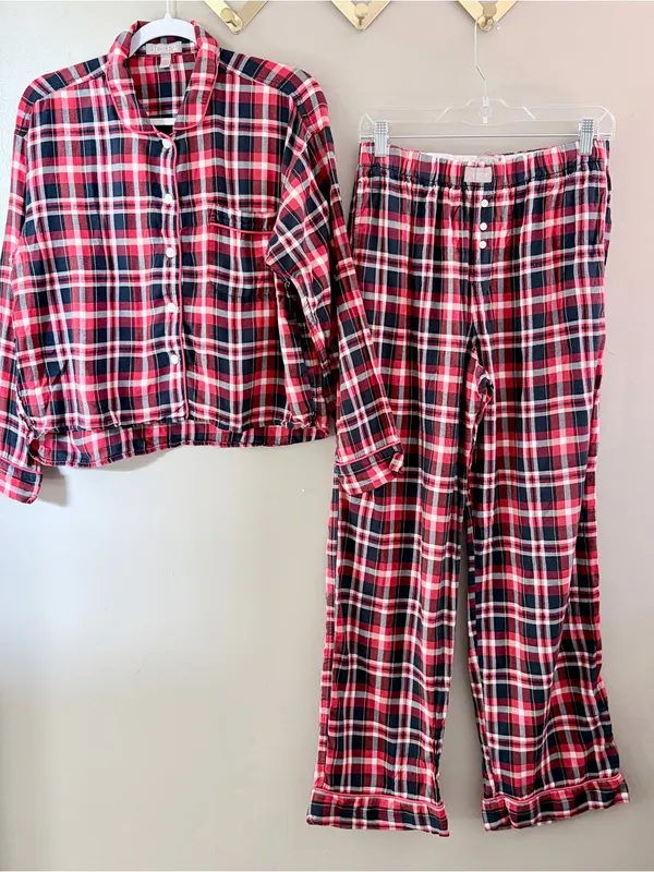 J.Crew Plaid Pajama Flannel Set Women Small Red Navy Blue Cotton NWOT - Image 2