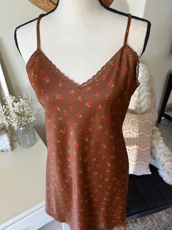 Wild fable, Brown, cherry print lace trim, slip mini dress large - Image 2