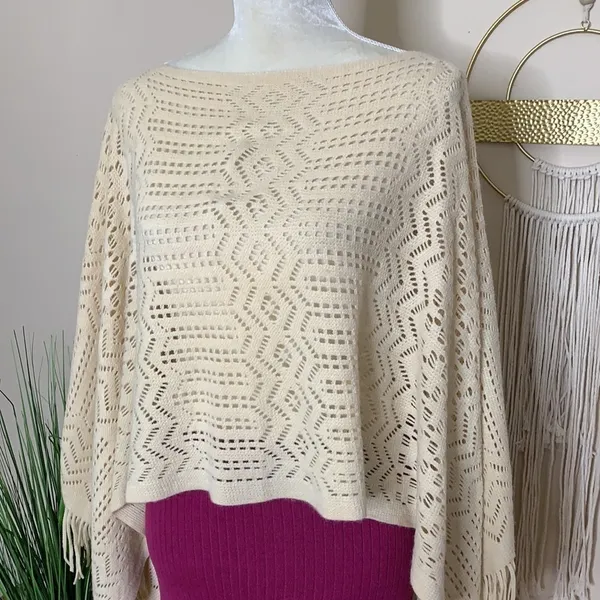 Boho western fringe poncho knit sweater /coverup - Image 4